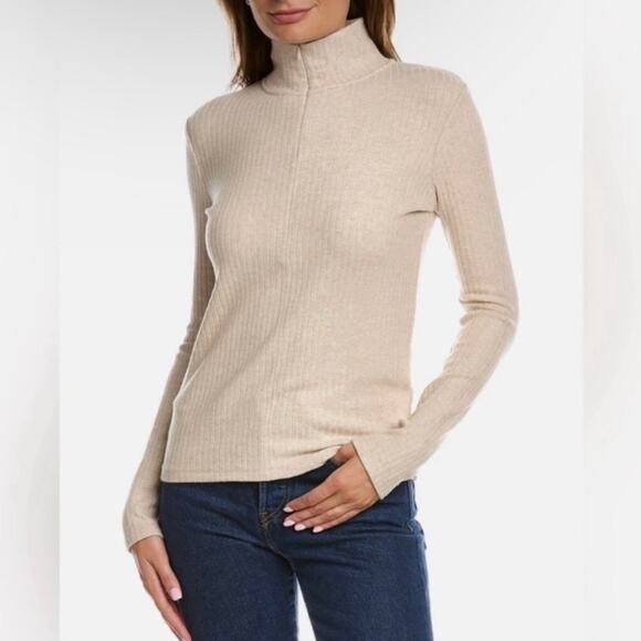 VINCE Ribbed Half Zip Turtleneck Long Sleeve Top Womens Small Tan Stretch Knit - Picture 1 of 16